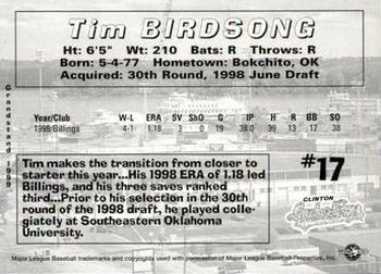1999 Grandstand Clinton LumberKings #NNO Tim Birdsong Back
