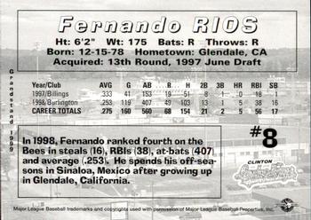 1999 Grandstand Clinton LumberKings #NNO Fernando Rios Back