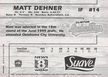 2000 Grandstand Clinton LumberKings #NNO Matt Dehner Back