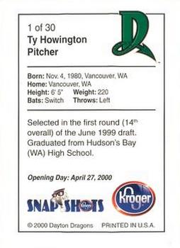 2000 Kroger Dayton Dragons #1 Ty Howington Back