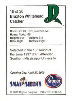 2000 Kroger Dayton Dragons #16 Braxton Whitehead Back