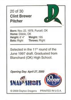 2000 Kroger Dayton Dragons #20 Clint Brewer Back