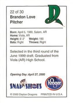2000 Kroger Dayton Dragons #22 Brandon Love Back