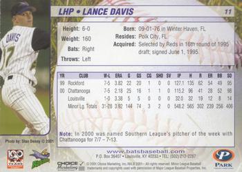 2001 Choice Louisville RiverBats #11 Lance Davis Back
