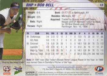 2001 Choice Louisville RiverBats #13 Rob Bell Back