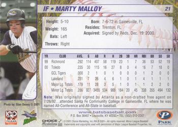 2001 Choice Louisville RiverBats #21 Marty Malloy Back