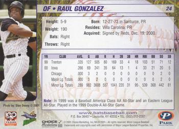 2001 Choice Louisville RiverBats #24 Raul Gonzalez Back