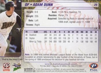 2001 Choice Louisville RiverBats #25 Adam Dunn Back