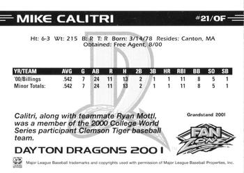 2001 Grandstand Dayton Dragons #NNO Mike Calitri Back