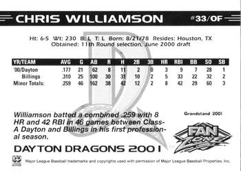2001 Grandstand Dayton Dragons #NNO Chris Williamson Back