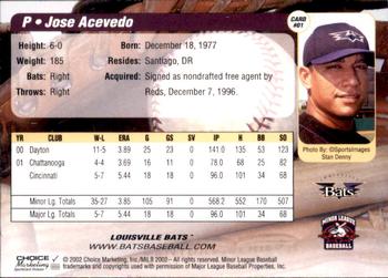 2002 Choice Louisville Bats #01 Jose Acevedo Back