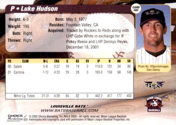 2002 Choice Louisville Bats #05 Luke Hudson Back
