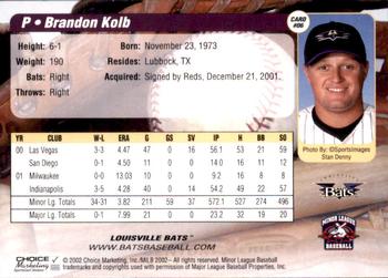 2002 Choice Louisville Bats #06 Brandon Kolb Back