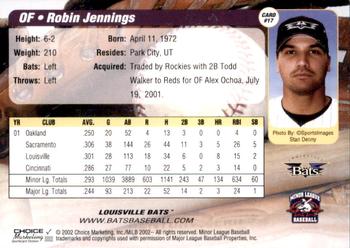 2002 Choice Louisville Bats #17 Robin Jennings Back