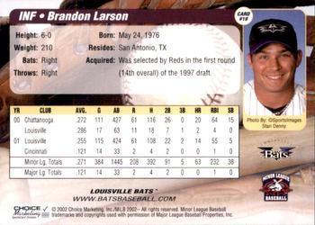 2002 Choice Louisville Bats #18 Brandon Larson Back
