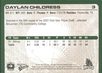 2002 MultiAd Dayton Dragons #5 Daylan Childress Back