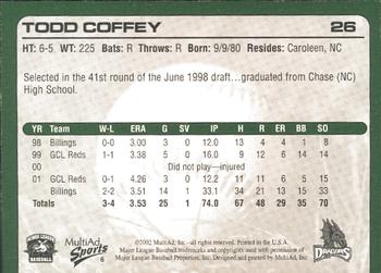 2002 MultiAd Dayton Dragons #6 Todd Coffey Back