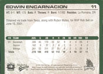 2002 MultiAd Dayton Dragons #10 Edwin Encarnacion Back