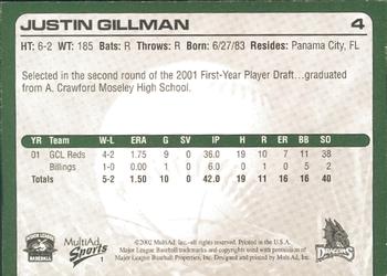 2002 MultiAd Dayton Dragons #1 Justin Gillman Back