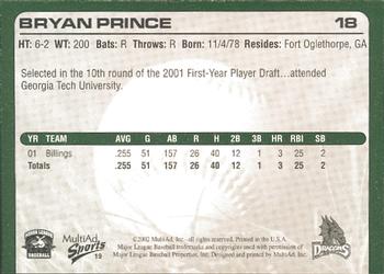 2002 MultiAd Dayton Dragons #19 Bryan Prince Back