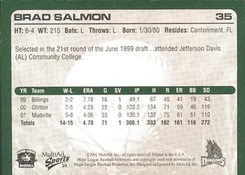 2002 MultiAd Dayton Dragons #23 Brad Salmon Back