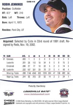 2003 Choice Louisville Bats #18 Robin Jennings Back