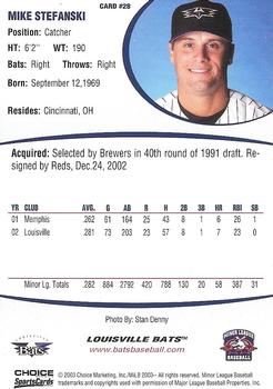 2003 Choice Louisville Bats #28 Mike Stefanski Back