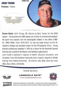 2003 Choice Louisville Bats #36 John Young Back
