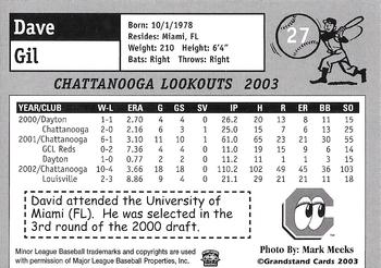 2003 Grandstand Chattanooga Lookouts #NNO David Gil Back