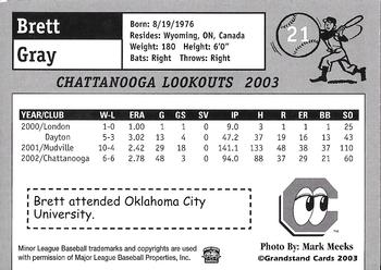 2003 Grandstand Chattanooga Lookouts #NNO Brett Gray Back