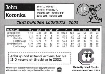2003 Grandstand Chattanooga Lookouts #NNO John Koronka Back