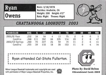 2003 Grandstand Chattanooga Lookouts #NNO Ryan Owens Back