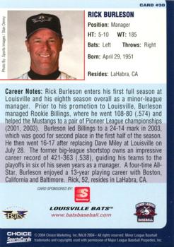 2004 Choice Louisville Bats #30 Rick Burleson Back