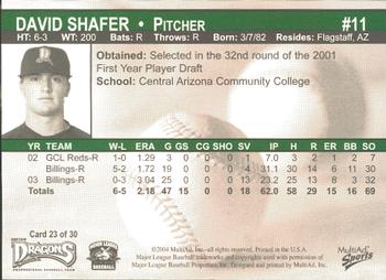 2004 MultiAd Dayton Dragons #23 David Shafer Back