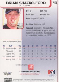 2005 Choice Louisville Bats #25 Brian Shackelford Back