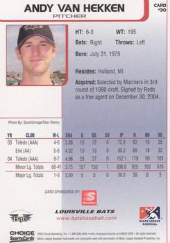 2005 Choice Louisville Bats #30 Andy Van Hekken Back
