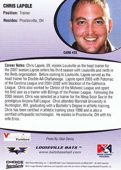 2007 Choice Louisville Bats #33 Chris Lapole Back