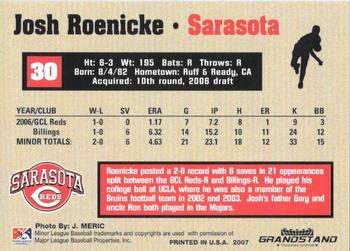 2007 Grandstand Sarasota Reds #NNO Josh Roenicke Back