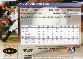 2008 Choice Louisville Bats #11 Alvin Colina Back