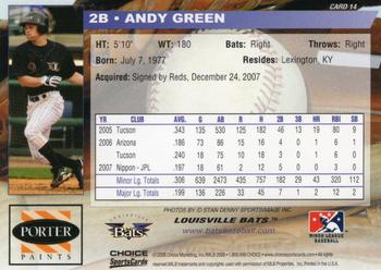 2008 Choice Louisville Bats #14 Andy Green Back