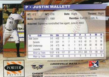 2008 Choice Louisville Bats #21 Justin Mallett Back