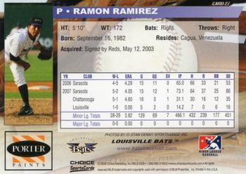 2008 Choice Louisville Bats #27 Ramon Ramirez Back