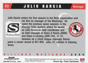 2008 Grandstand Billings Mustangs #NNO Julio Garcia Back