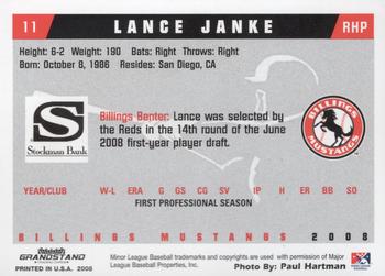 2008 Grandstand Billings Mustangs #NNO Lance Janke Back