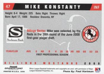 2008 Grandstand Billings Mustangs #NNO Mike Konstanty Back