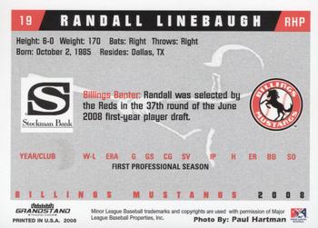 2008 Grandstand Billings Mustangs #NNO Randall Linebaugh Back