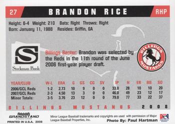 2008 Grandstand Billings Mustangs #NNO Brandon Rice Back