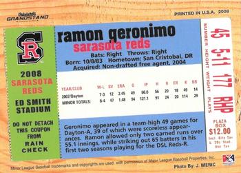 2008 Grandstand Sarasota Reds #NNO Ramon Geronimo Back