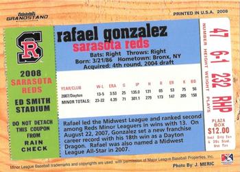 2008 Grandstand Sarasota Reds #NNO Rafael Gonzalez Back