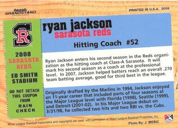 2008 Grandstand Sarasota Reds #NNO Ryan Jackson Back